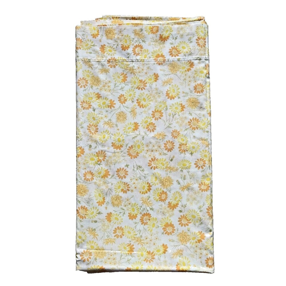 Vintage Yellow Orange Daisy Flower Floral Flat Sheet King Bed Size JC Penny MCM